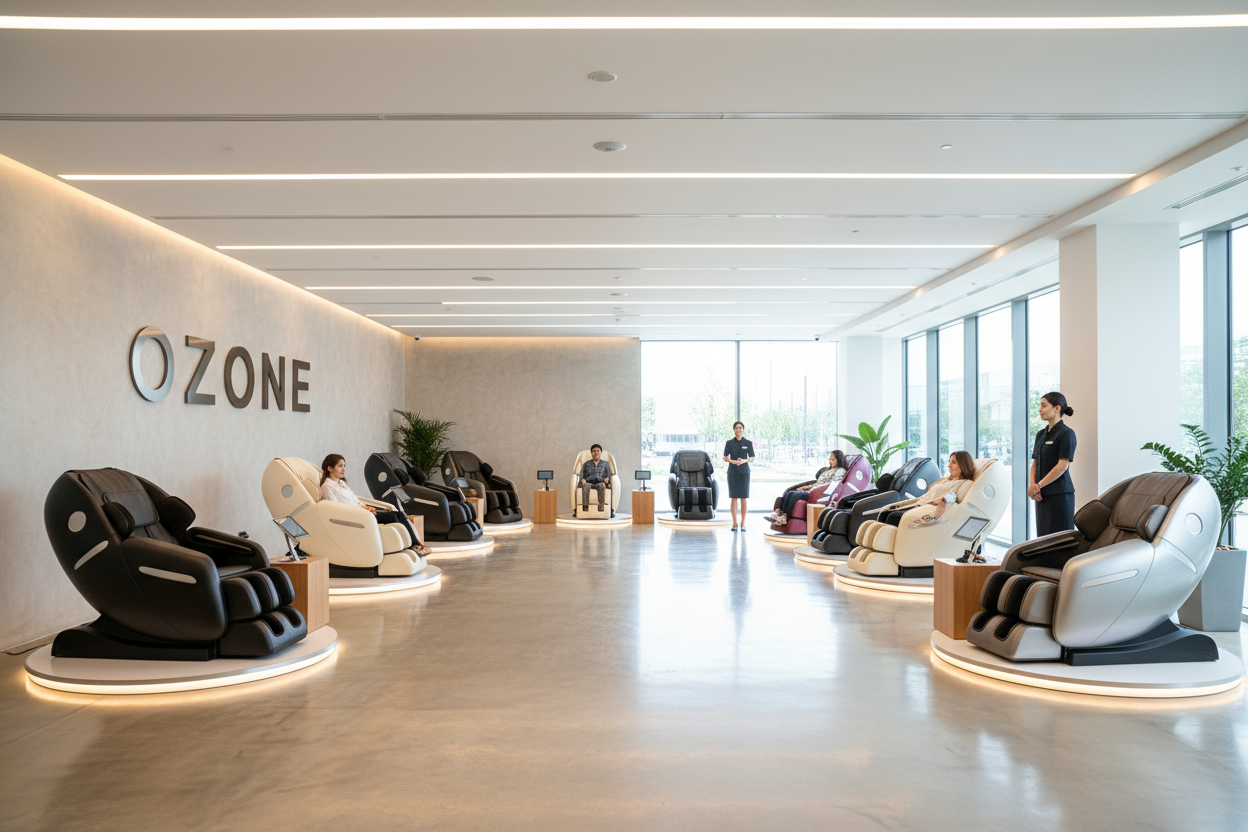 A showroom full of massage chairs and the showroom name is OZONE
