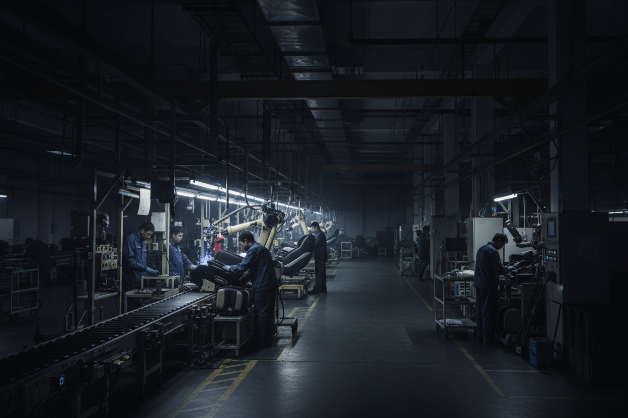 massage chair manufacturing in a factory with a bit dark bakgroumd